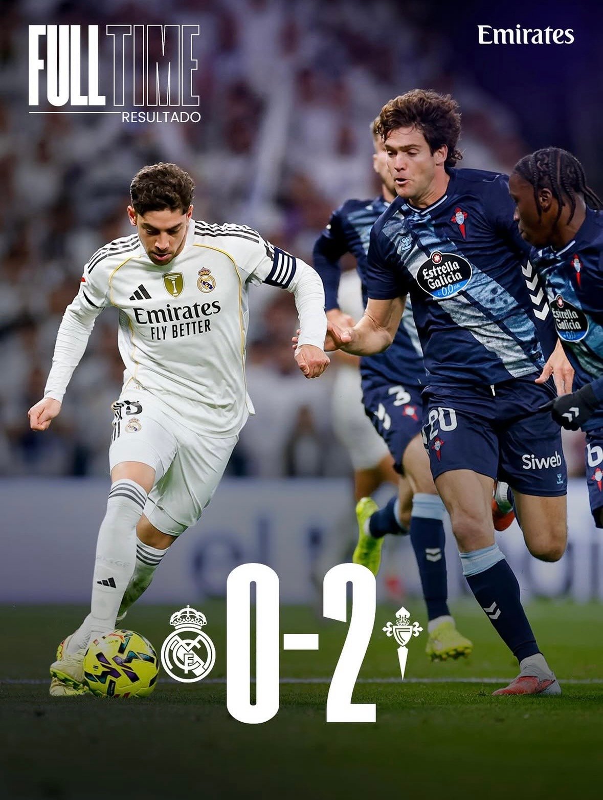 Partido entre el Real Madrid y el Celta de Vigo, con el resultado final 0-2 a favor del Celta