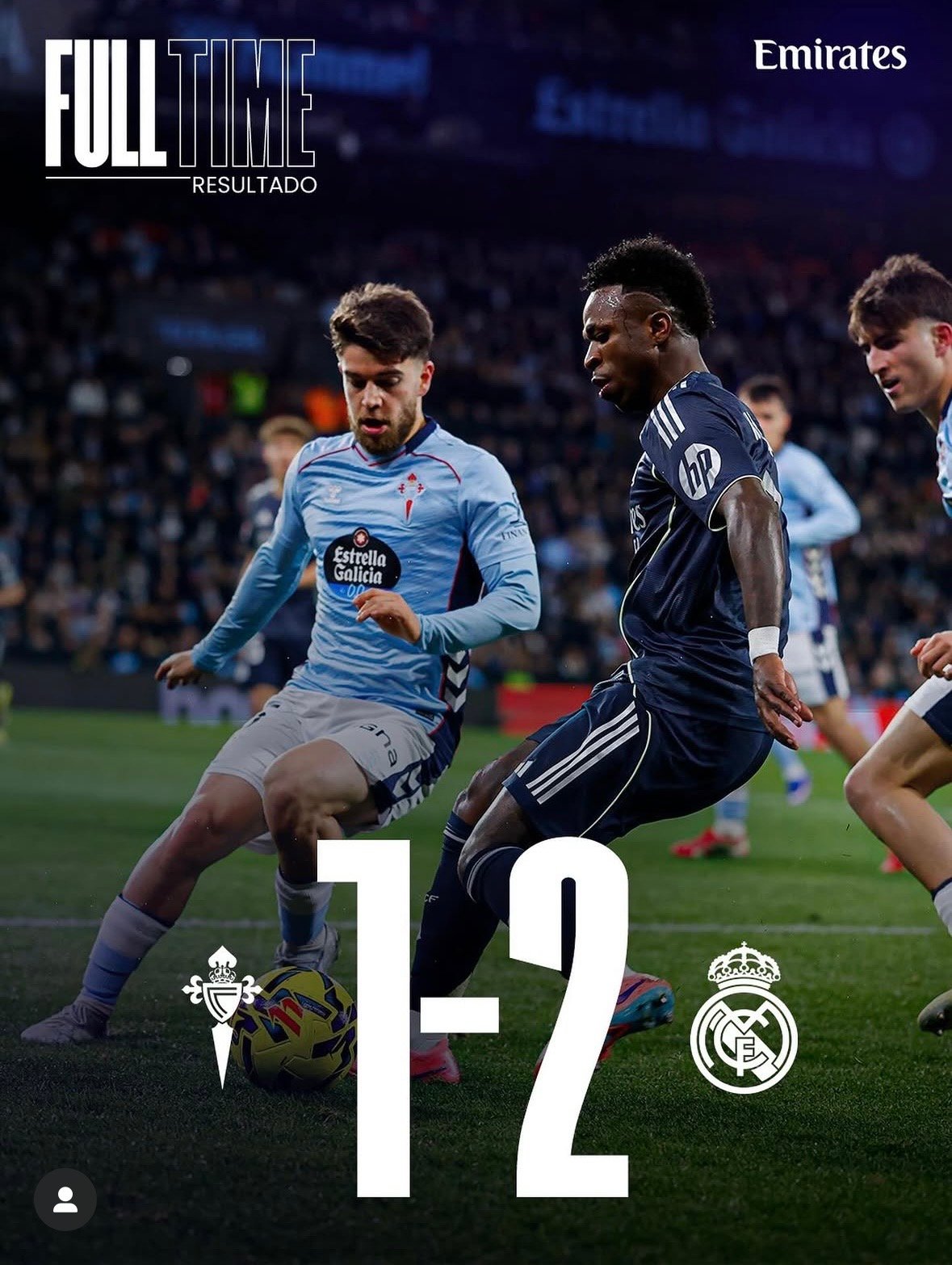 Partido entre el Celta de Vigo y el Real Madrid, con el resultado final 1-2 a favor del Real Madrid
