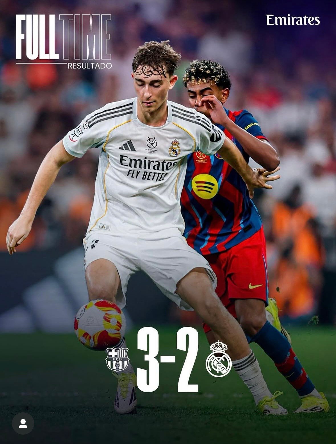 Partido entre el FC Barcelona y el Real Madrid, con el resultado final 3-2 a favor del Barça