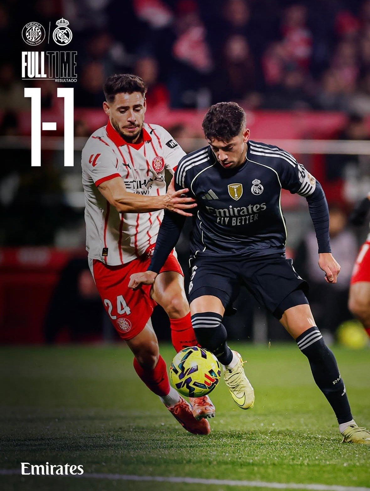 Partido entre el Girona FC y el Real Madrid, con el resultado final 1-1