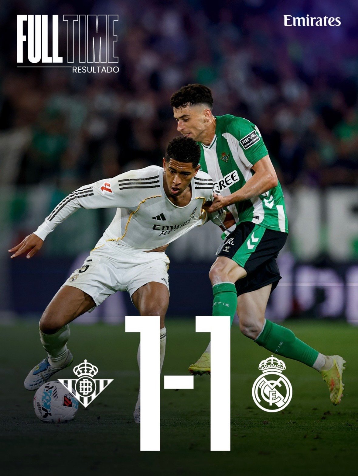 Partido entre el Real Betis y el Real Madrid, con el resultado final 1-1