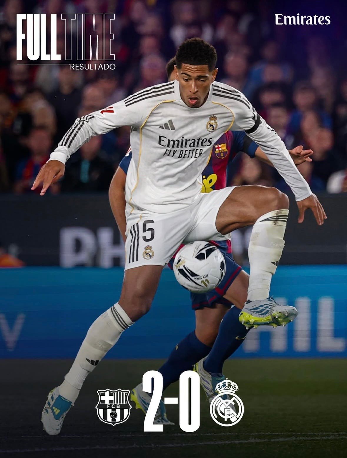 Jude Bellingham del Real Madrid en el Clásico, con el resultado 2-0 a favor del Barcelona