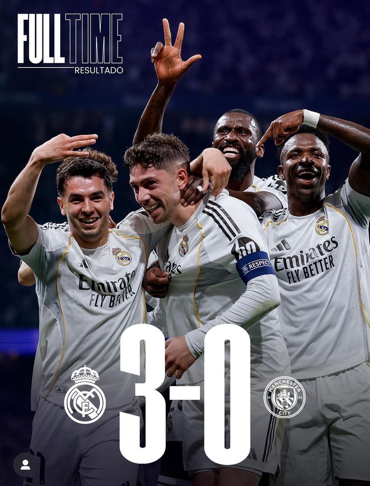 Jugadores del Real Madrid celebrando tras ganar 3-0 al Manchester City en la Champions League