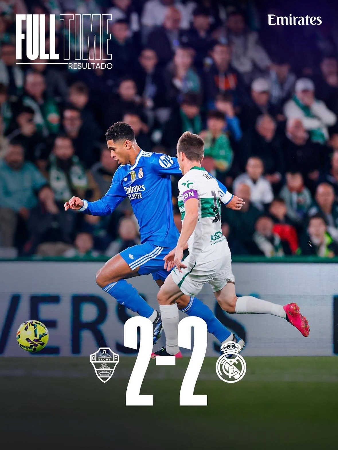 Partido entre el Elche CF y el Real Madrid, con el resultado final 2-2