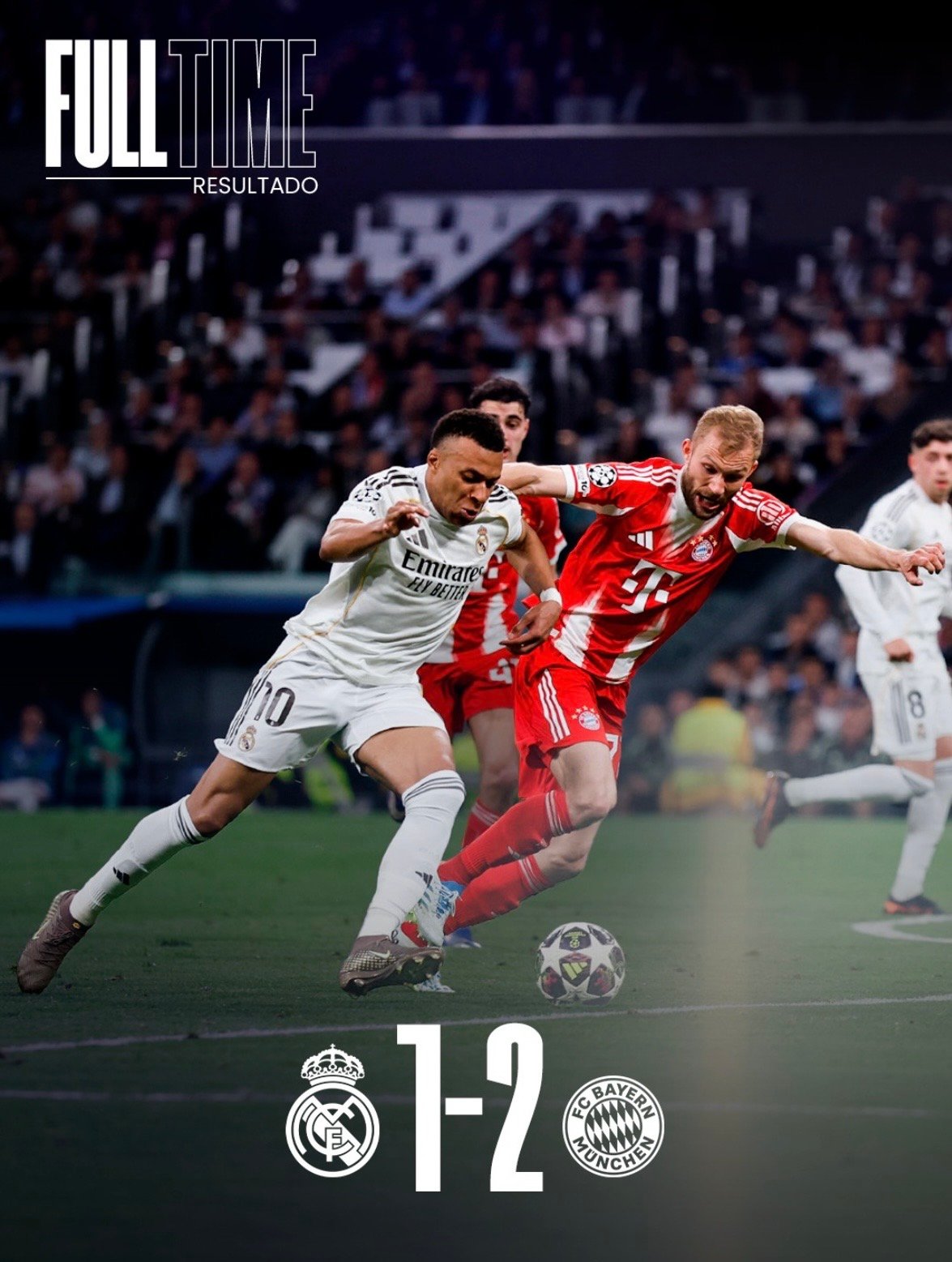 Partido entre el Real Madrid y el Bayern de Múnich, con el resultado final 1-2 a favor del Bayern