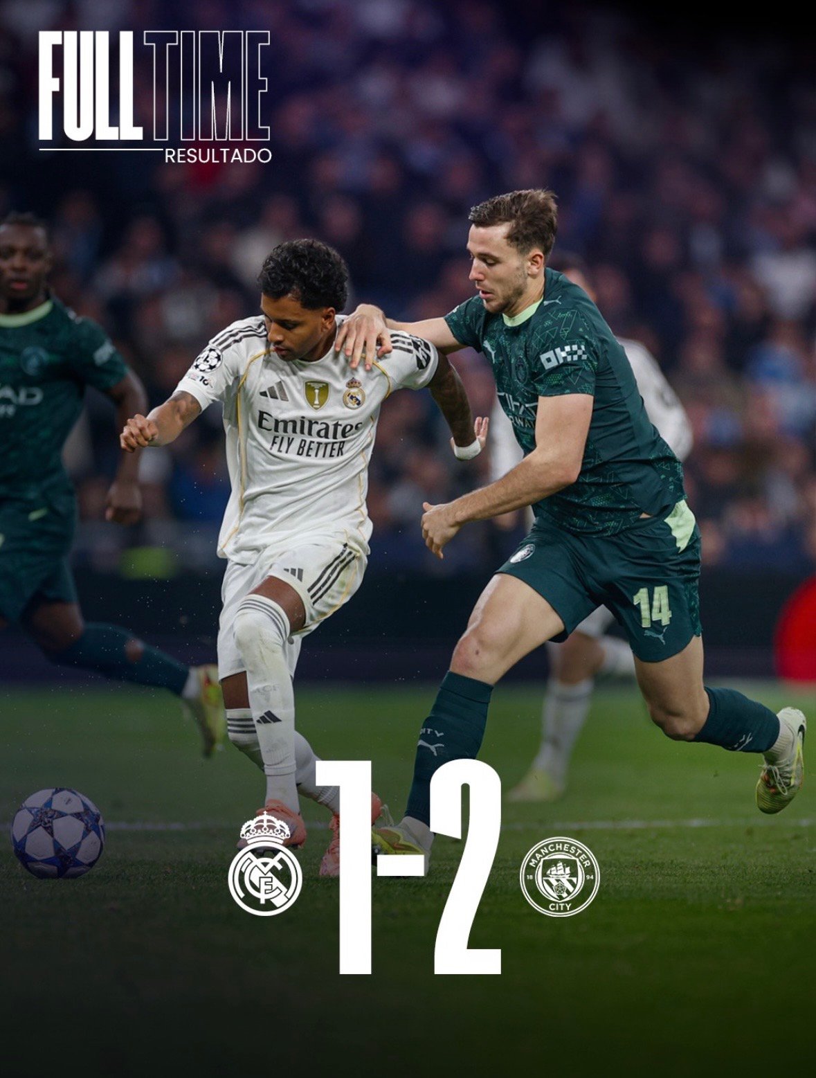 Partido entre el Real Madrid y el Manchester City, con el resultado final 1-2 a favor del City