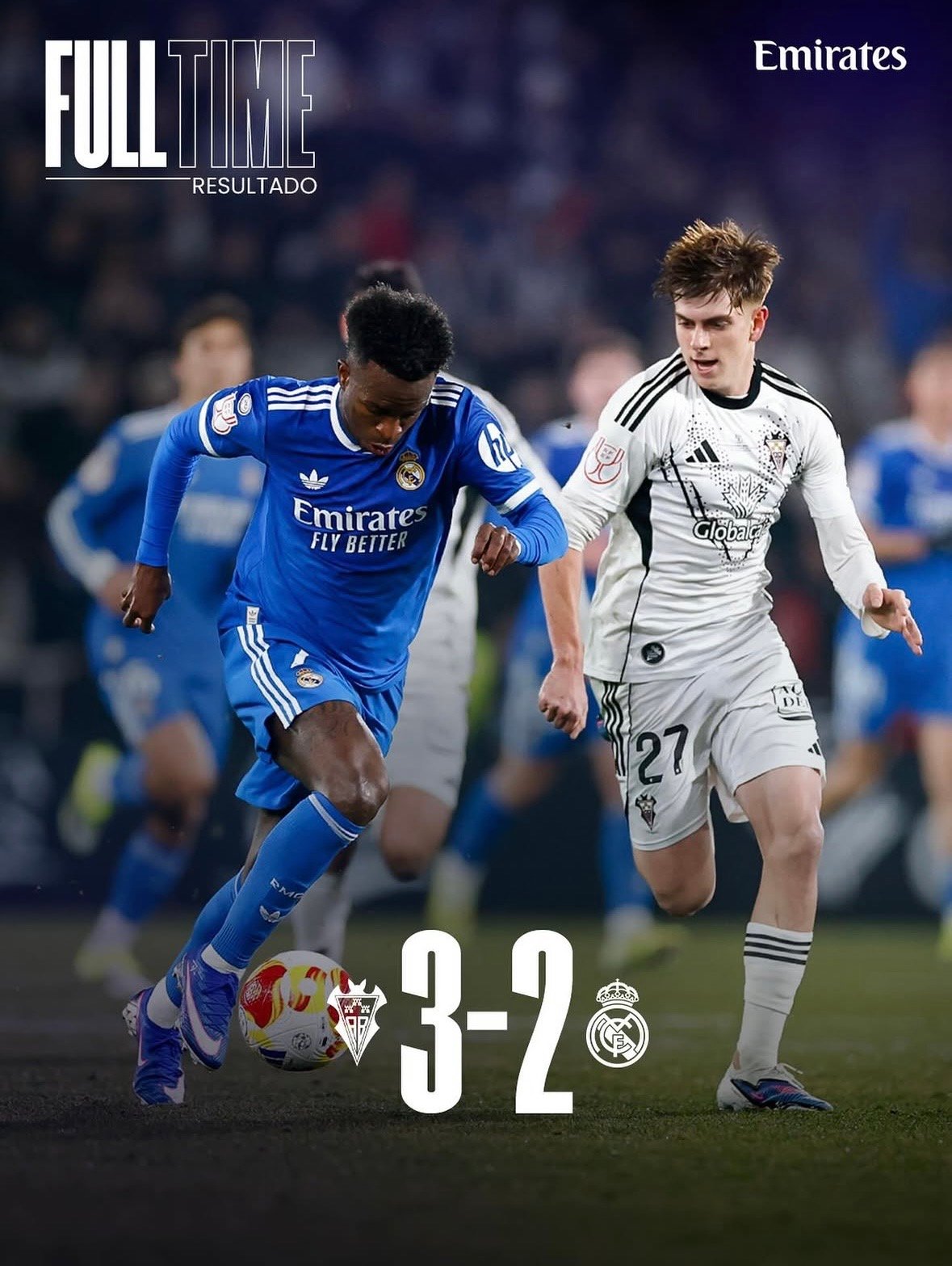 Partido entre el Albacete Balompié y el Real Madrid, con el resultado final 3-2 a favor de Albacete