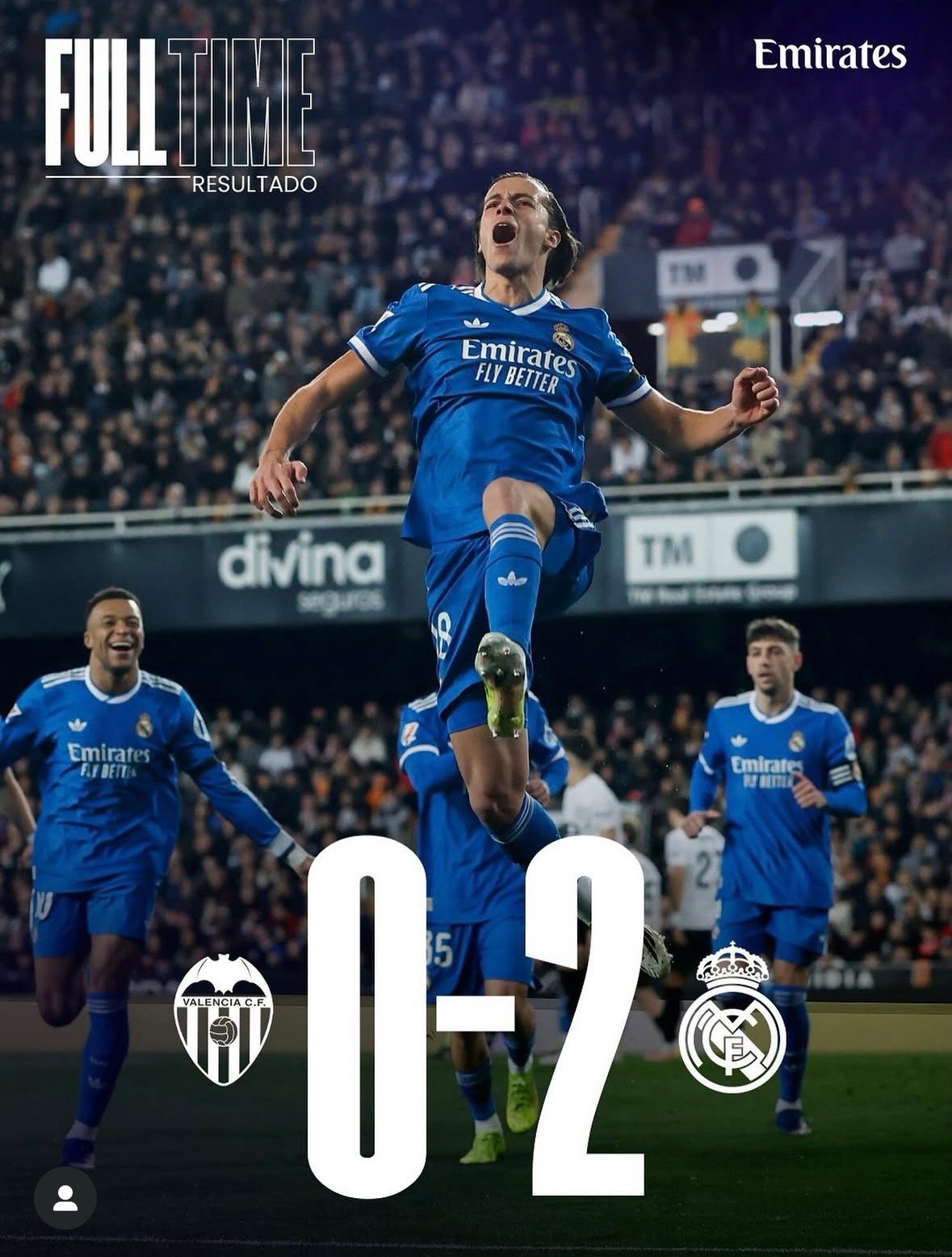 Partido entre el Valencia CF y el Real Madrid, con el resultado final 0-2 a favor del Real Madrid