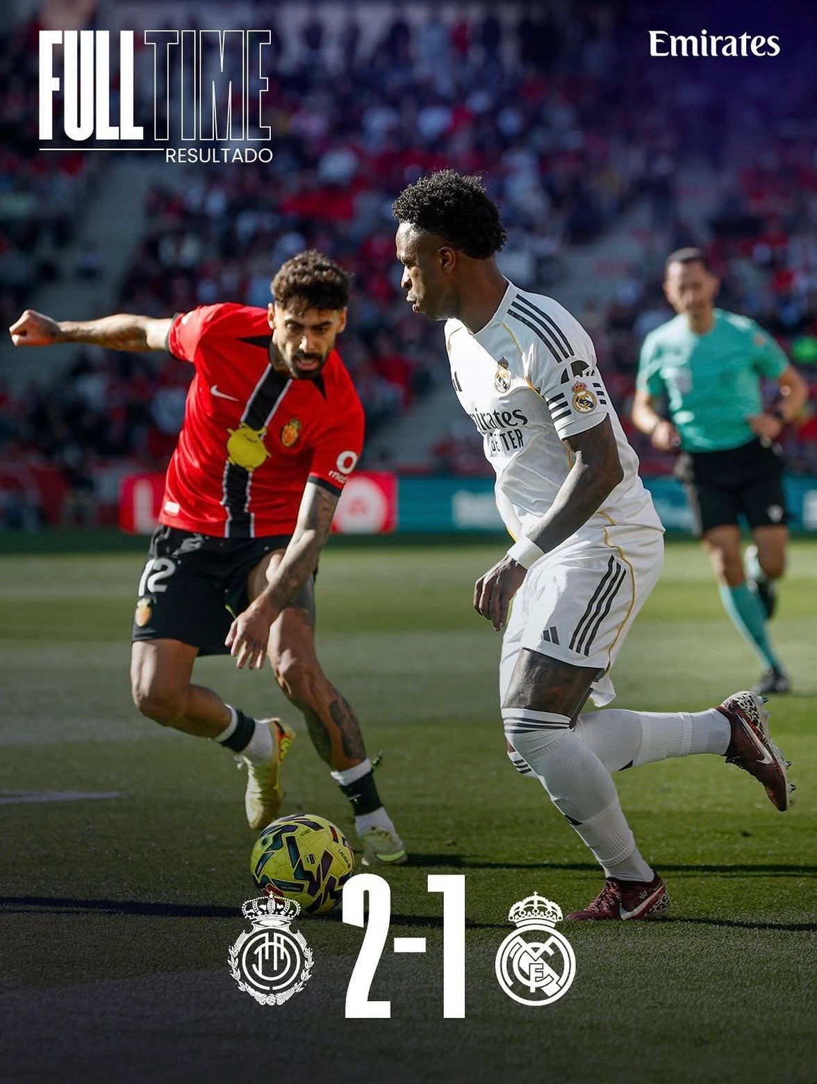 Partido entre el RCD Mallorca y el Real Madrid, con el resultado final 2-1 a favor del Mallorca