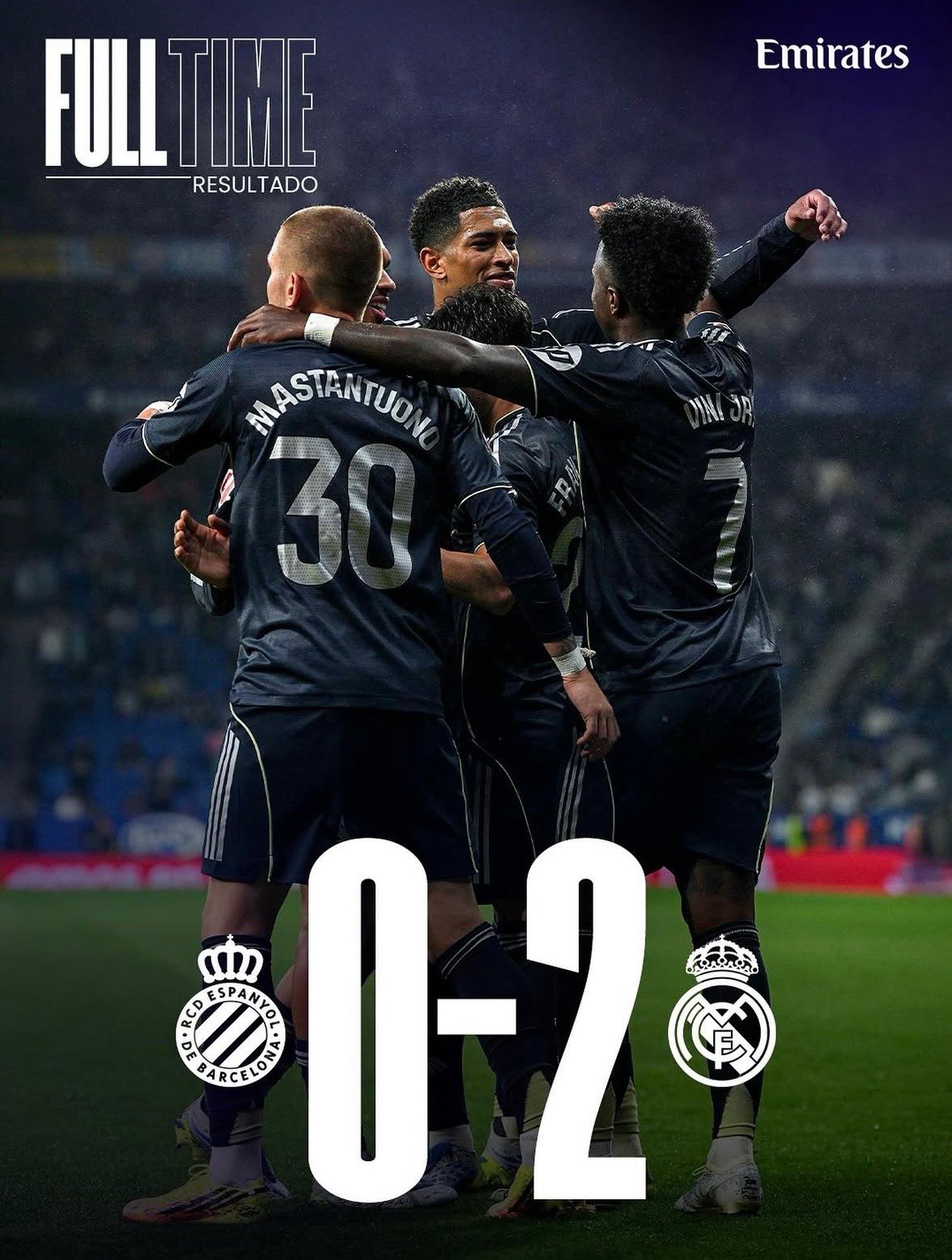 Partido entre el RCD Espanyol y el Real Madrid, con el resultado final 0-2 a favor del Real Madrid